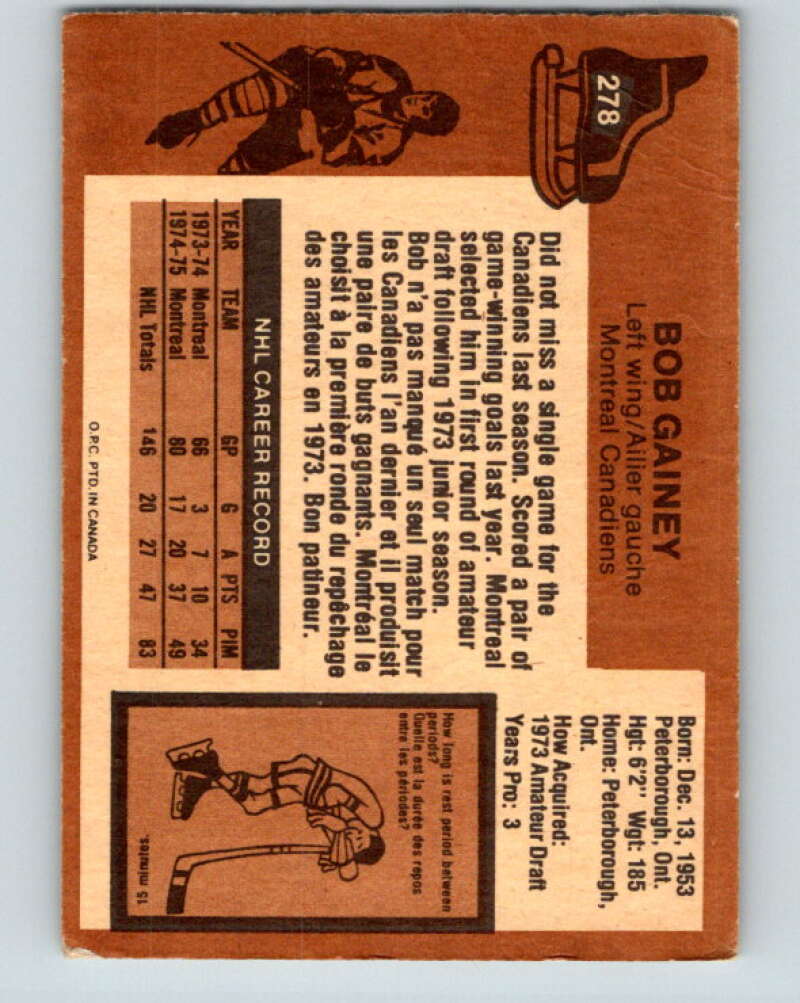 1975-76 O-Pee-Chee #278 Bob Gainey  Montreal Canadiens  V6414