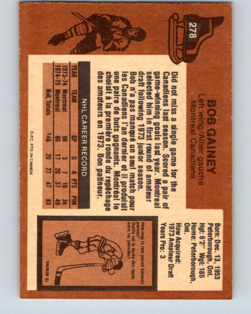 1975-76 O-Pee-Chee #278 Bob Gainey  Montreal Canadiens  V6415