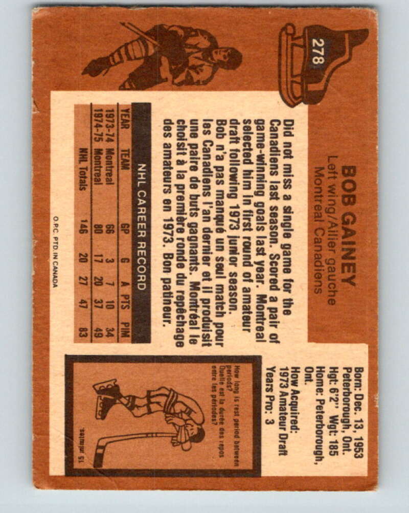 1975-76 O-Pee-Chee #278 Bob Gainey  Montreal Canadiens  V6417