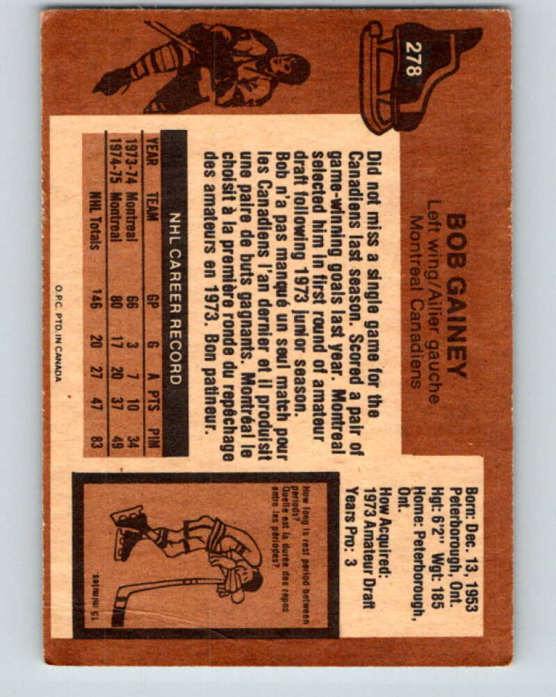 1975-76 O-Pee-Chee #278 Bob Gainey  Montreal Canadiens  V6418