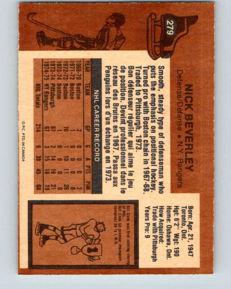 1975-76 O-Pee-Chee #279 Nick Beverley  New York Rangers  V6422