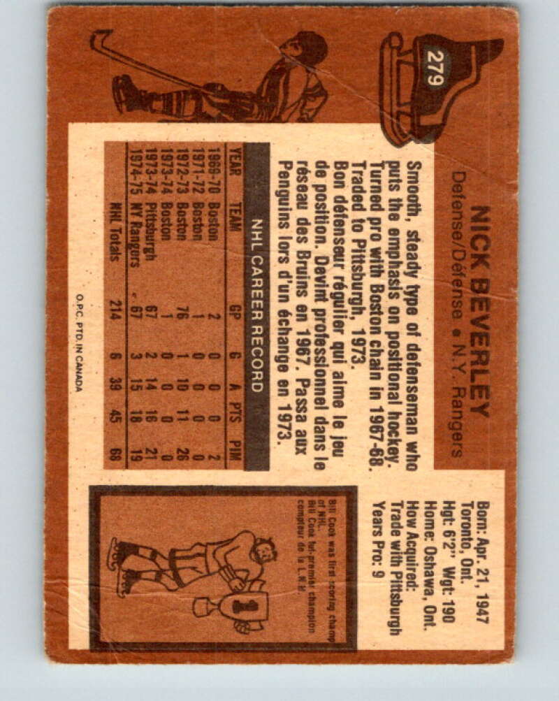 1975-76 O-Pee-Chee #279 Nick Beverley  New York Rangers  V6425