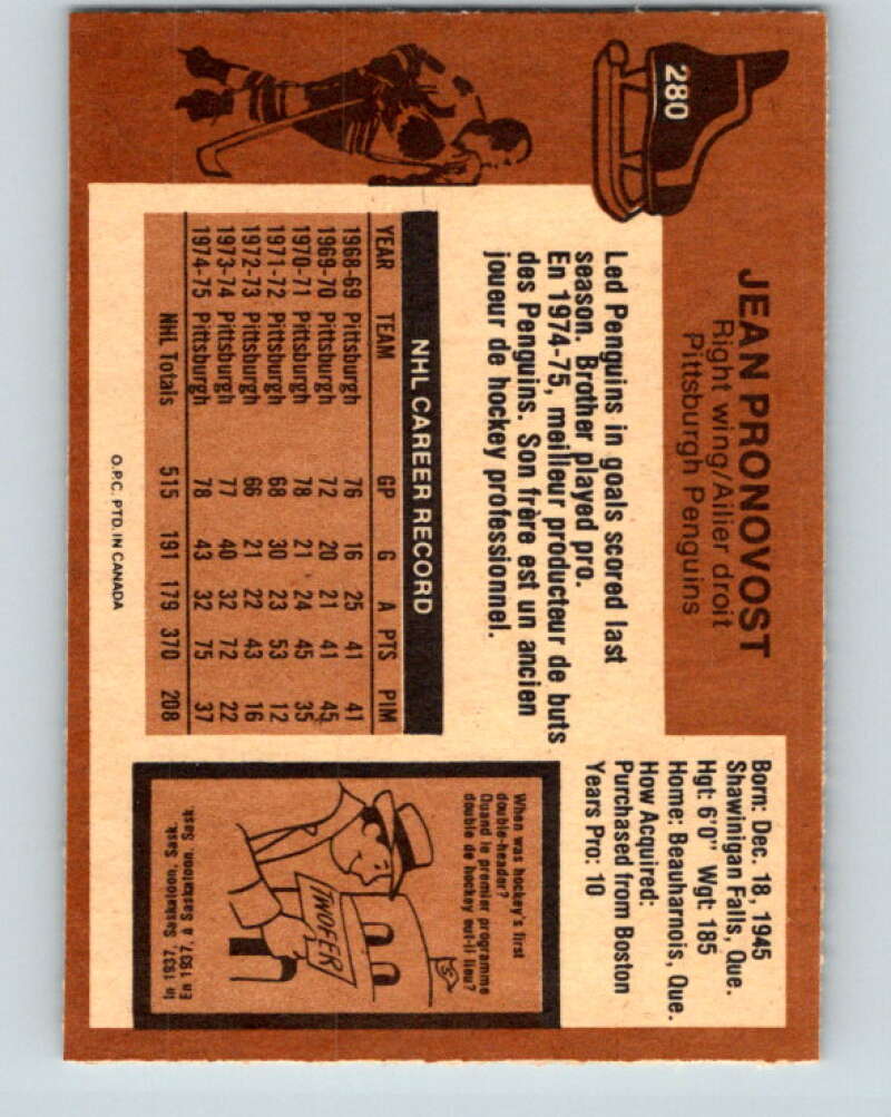 1975-76 O-Pee-Chee #280 Jean Pronovost  Pittsburgh Penguins  V6427