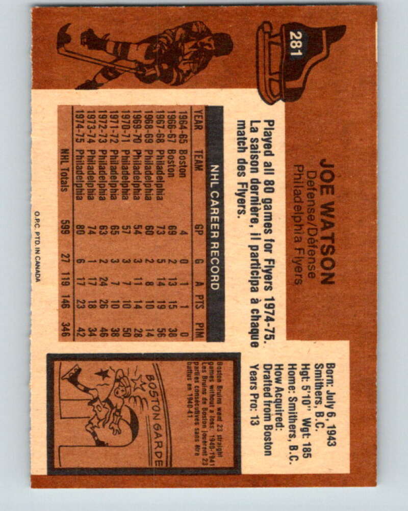 1975-76 O-Pee-Chee #281 Joe Watson  Philadelphia Flyers  V6429