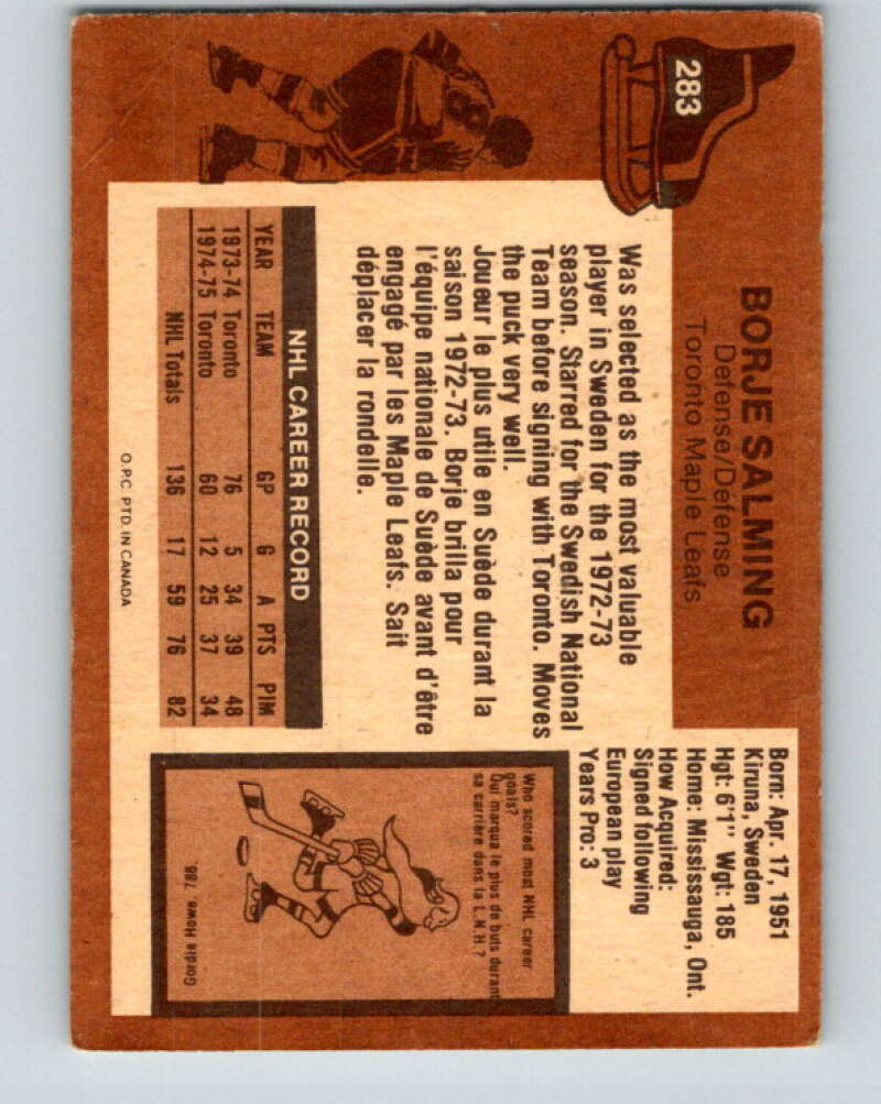 1975-76 O-Pee-Chee #283 Borje Salming  Toronto Maple Leafs  V6440