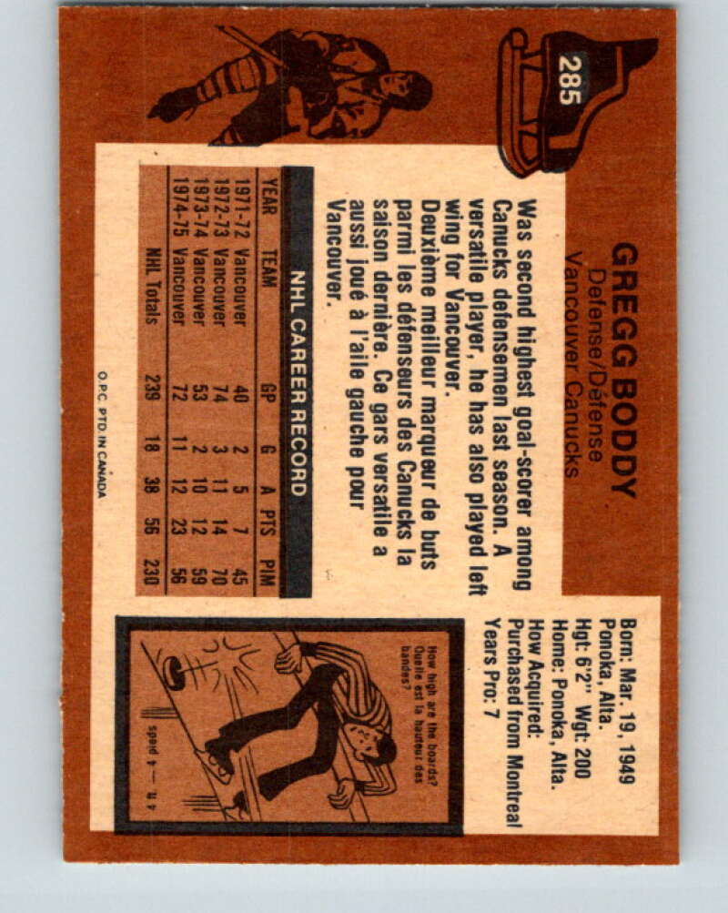 1975-76 O-Pee-Chee #285 Gregg Boddy  Vancouver Canucks  V6449