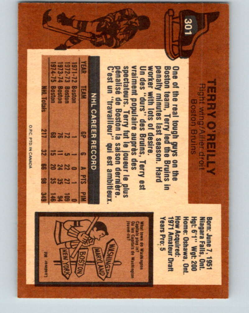 1975-76 O-Pee-Chee #301 Terry O'Reilly  Boston Bruins  V6529