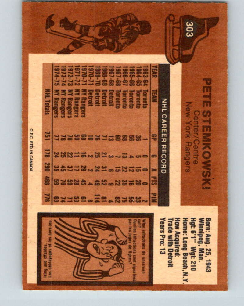 1975-76 O-Pee-Chee #303 Pete Stemkowski  New York Rangers  V6540