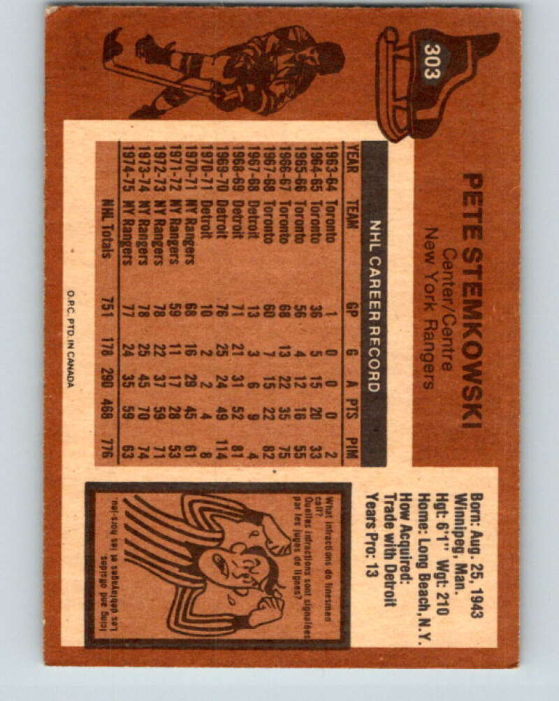 1975-76 O-Pee-Chee #303 Pete Stemkowski  New York Rangers  V6543