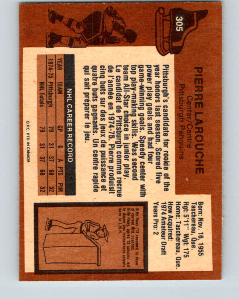1975-76 O-Pee-Chee #305 Pierre Larouche  RC Rookie Pittsburgh Penguins  V6555