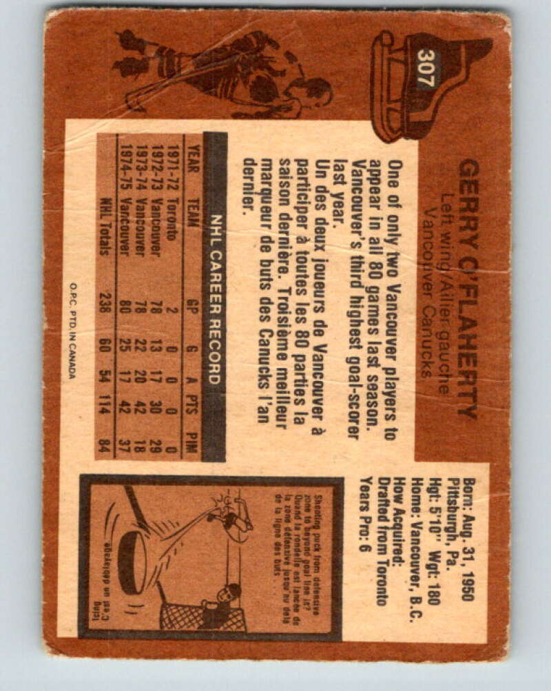 1975-76 O-Pee-Chee #307 Gerry O'Flaherty  Vancouver Canucks  V6564