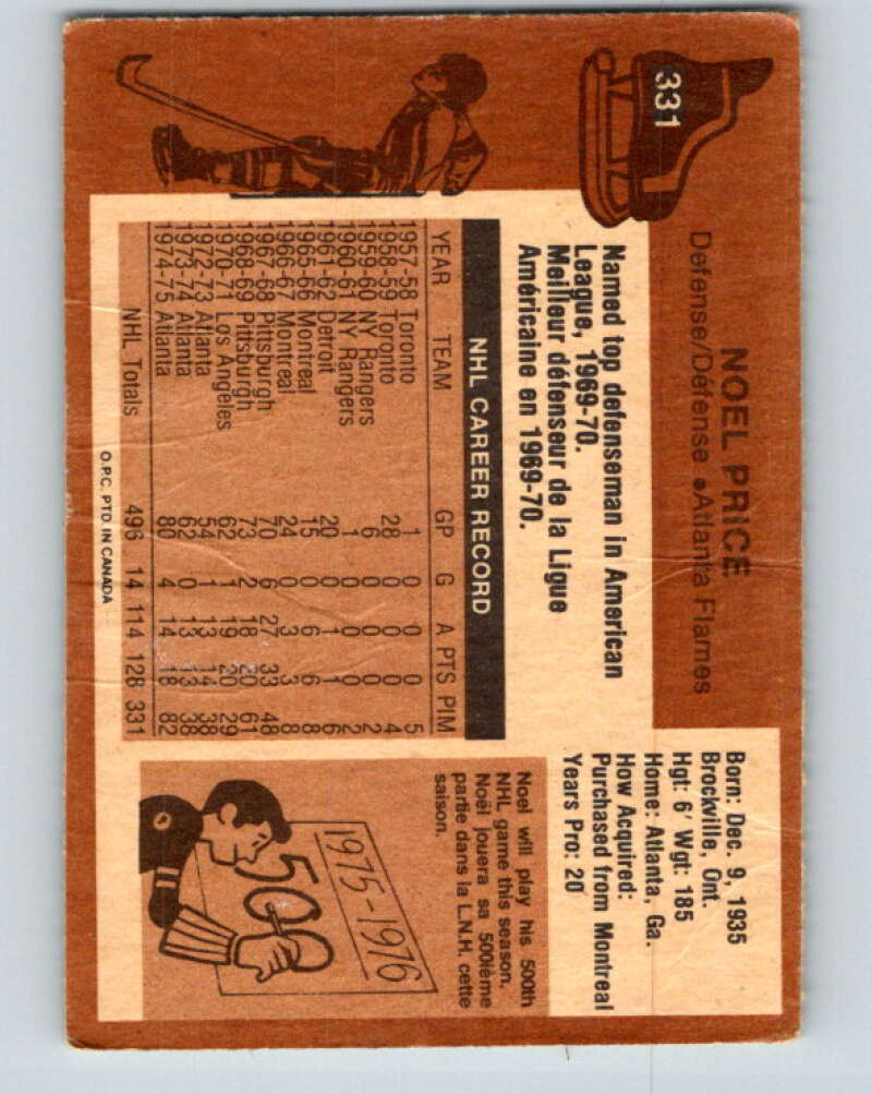 1975-76 O-Pee-Chee #331 Noel Price  Atlanta Flames  V6697