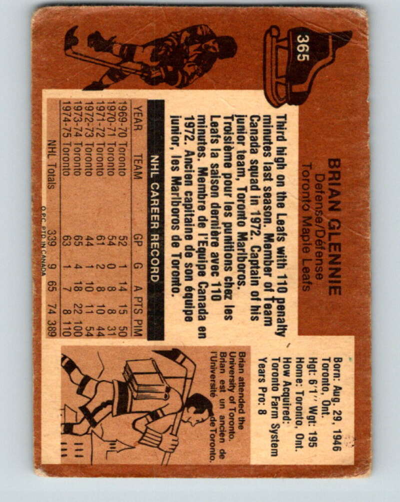 1975-76 O-Pee-Chee #365 Brian Glennie  Toronto Maple Leafs  V6817