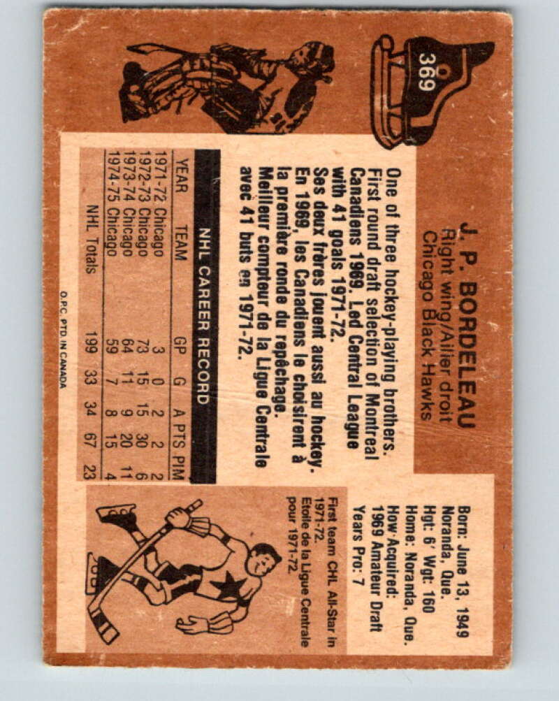1975-76 O-Pee-Chee #369 J.P. Bordeleau  Chicago Blackhawks  V6831