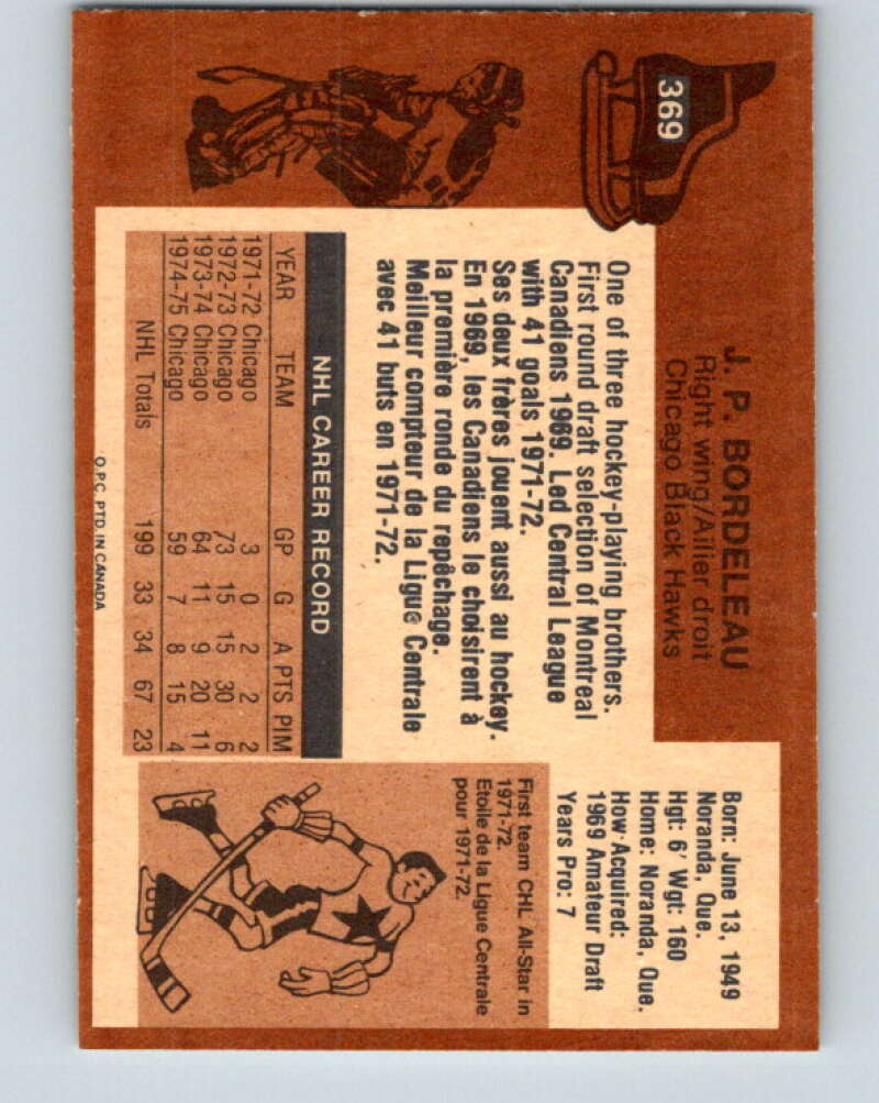 1975-76 O-Pee-Chee #369 J.P. Bordeleau  Chicago Blackhawks  V6832