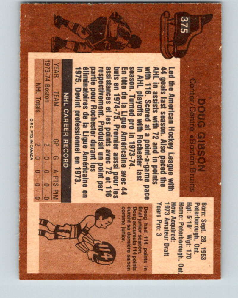 1975-76 O-Pee-Chee #375 Doug Gibson  RC Rookie Boston Bruins  V6857