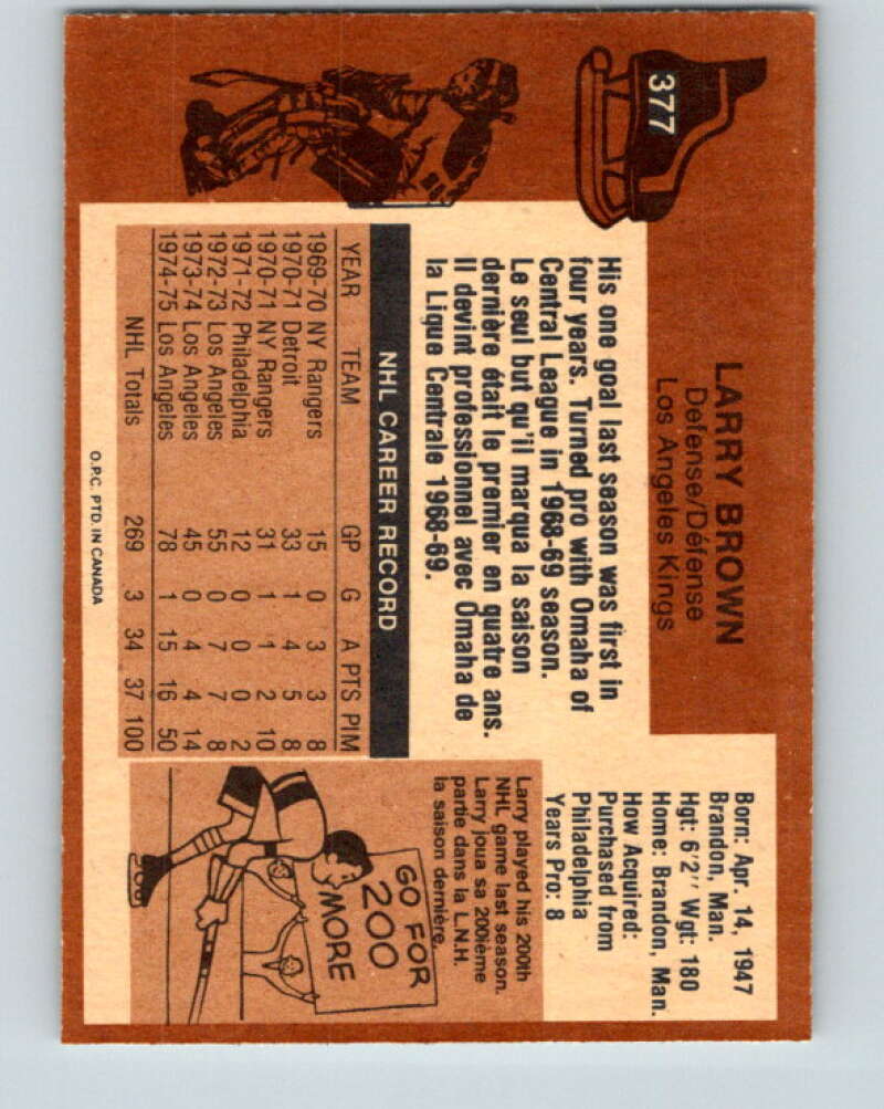 1975-76 O-Pee-Chee #377 Larry Brown  Los Angeles Kings  V6862