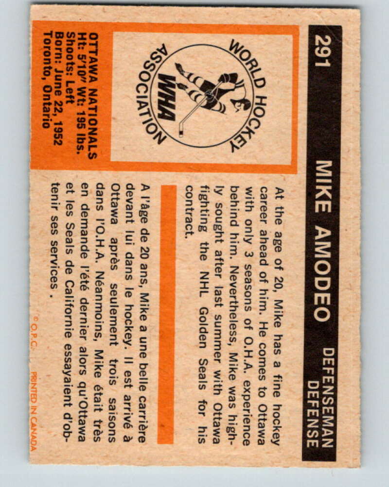1972-73 WHA O-Pee-Chee  #291 Mike Amodeo  RC  Ottawa  V6935