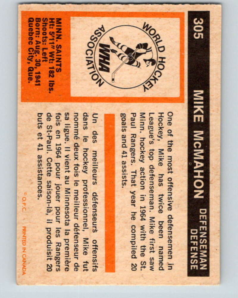 1972-73 WHA O-Pee-Chee  #305 Mike McMahon  Minnesota Fighting Saints  V6952