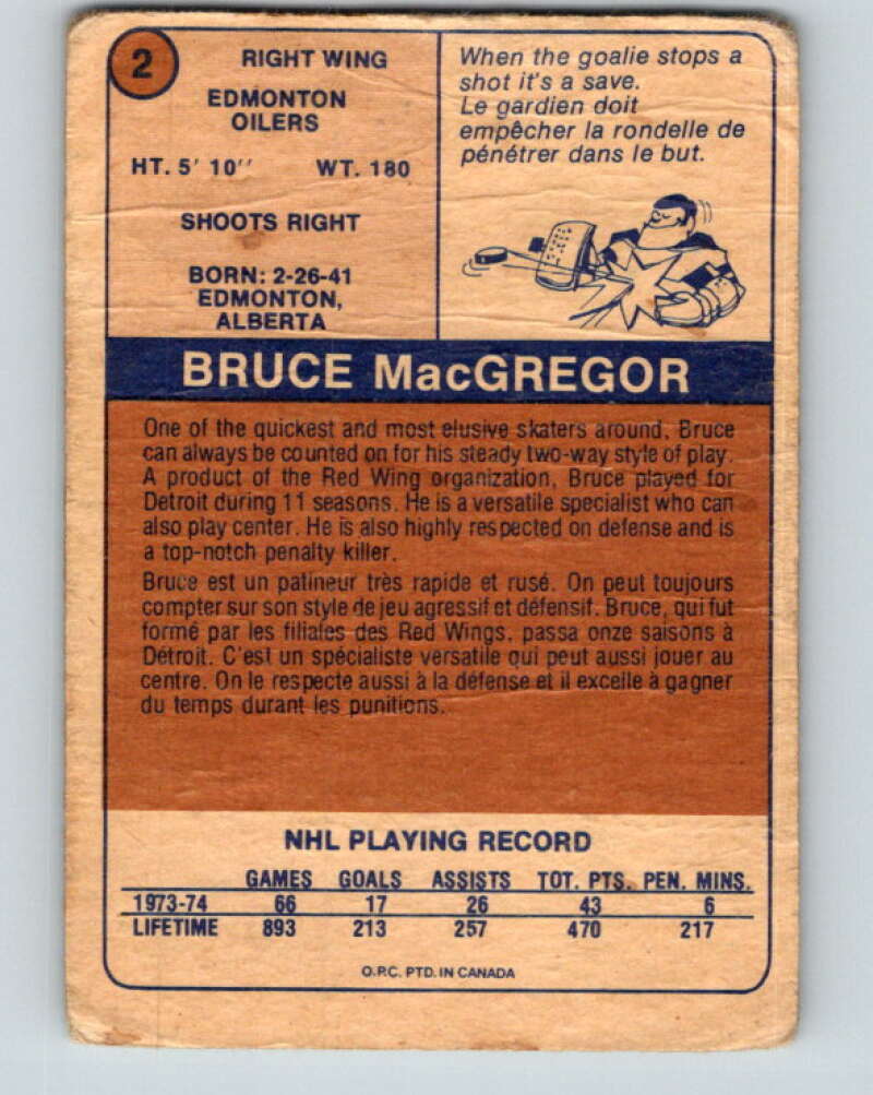 1974-75 WHA O-Pee-Chee  #2 Bruce MacGregor  Edmonton Oilers  V7013