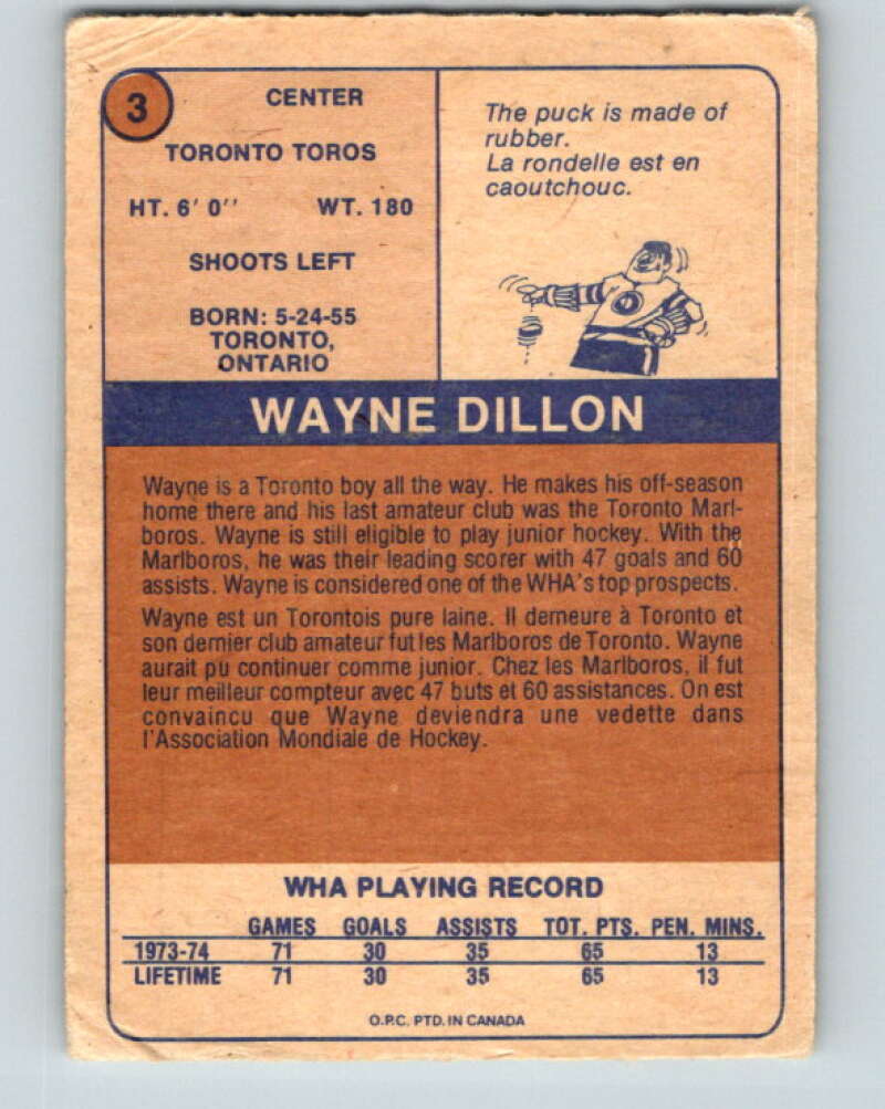 1974-75 WHA O-Pee-Chee  #3 Wayne Dillon  RC Rookie Toronto V7014
