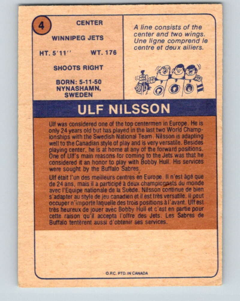 1974-75 WHA O-Pee-Chee  #4 Ulf Nilsson  RC Rookie Winnipeg Jets  V7019
