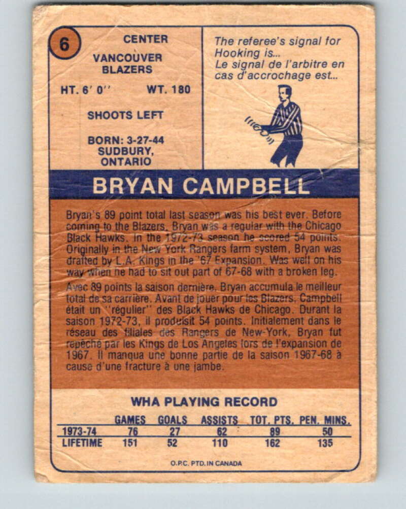 1974-75 WHA O-Pee-Chee  #6 Bryan Campbell  Vancouver Blazers  V7027