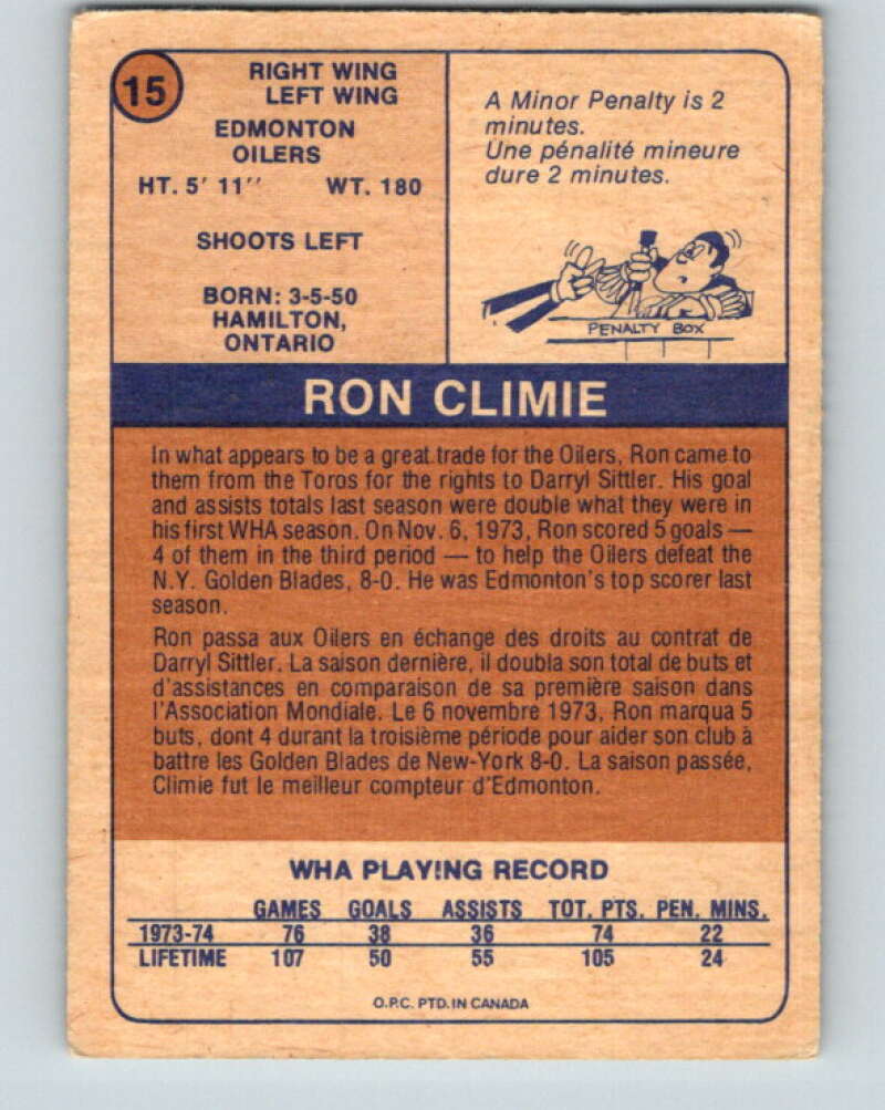 1974-75 WHA O-Pee-Chee  #15 Ron Climie  Edmonton Oilers  V7043