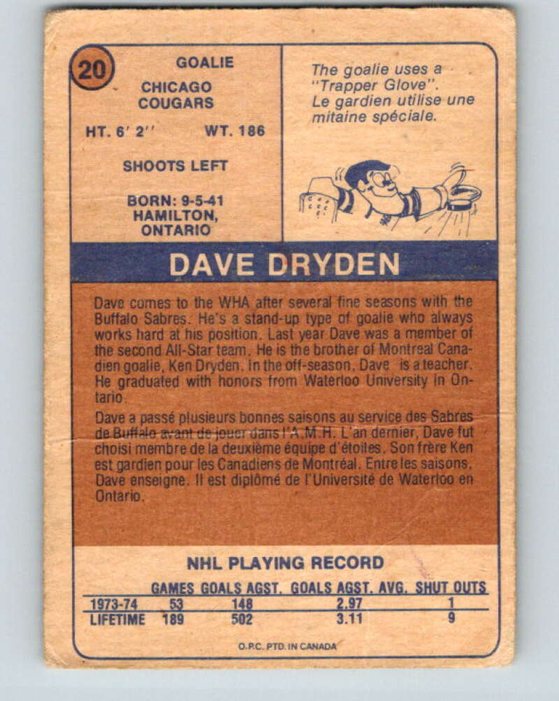 1974-75 WHA O-Pee-Chee  #20 Dave Dryden  Chicago Cougars  V7057