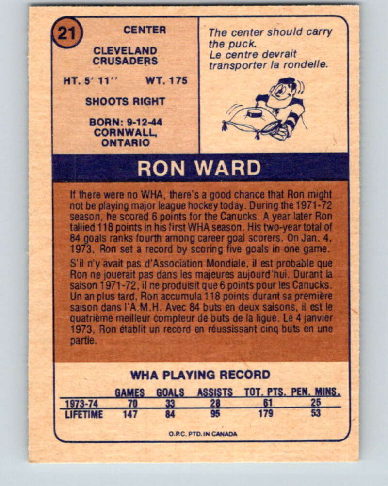 1974-75 WHA O-Pee-Chee  #21 Ron Ward  Cleveland Crusaders  V7062