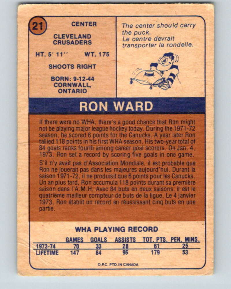 1974-75 WHA O-Pee-Chee  #21 Ron Ward  Cleveland Crusaders  V7064