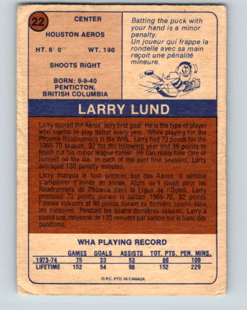 1974-75 WHA O-Pee-Chee  #22 Larry Lund  RC Rookie Houston Aeros  V7065