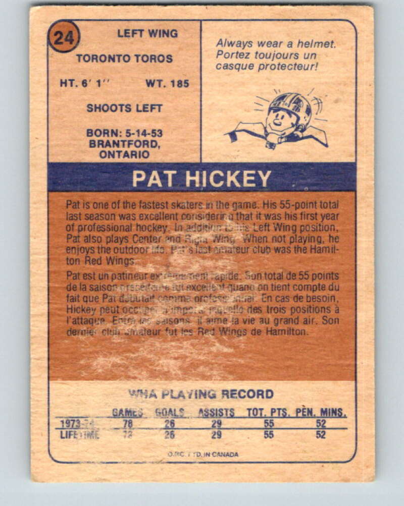 1974-75 WHA O-Pee-Chee  #24 Pat Hickey  RC Rookie Toronto Toros  V7072