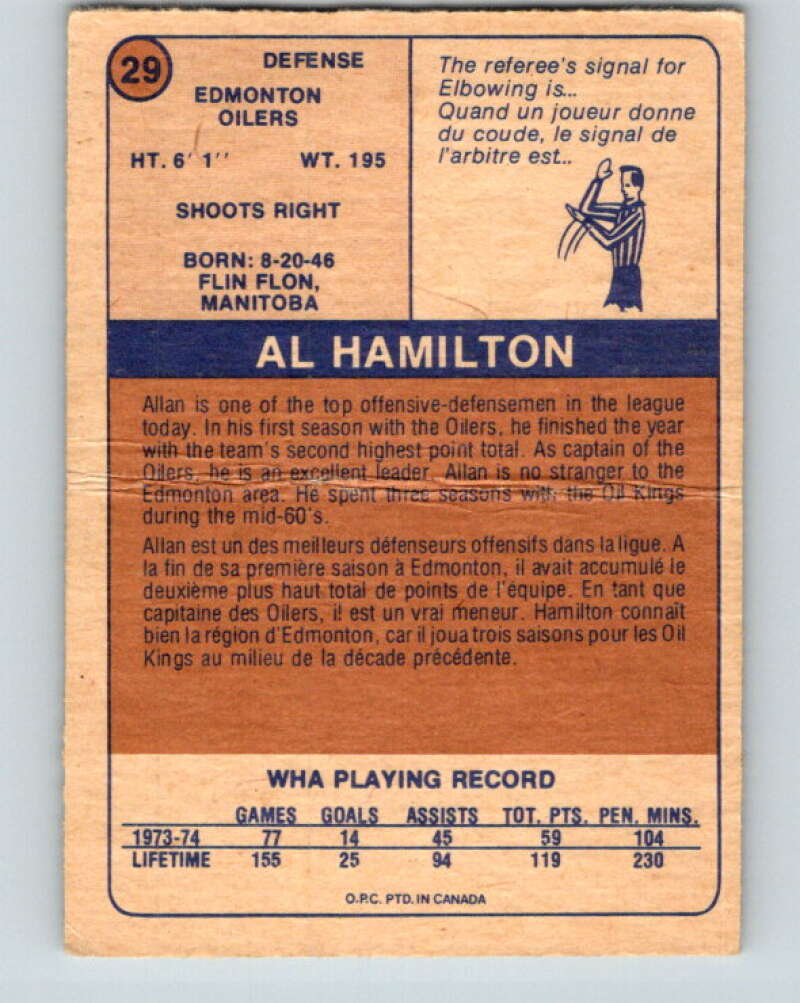 1974-75 WHA O-Pee-Chee  #29 Al Hamilton  Edmonton Oilers  V7083