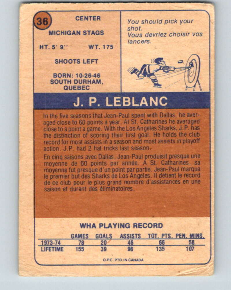 1974-75 WHA O-Pee-Chee  #36 Jean-Paul LeBlanc  RC Rookie Stags  V7095