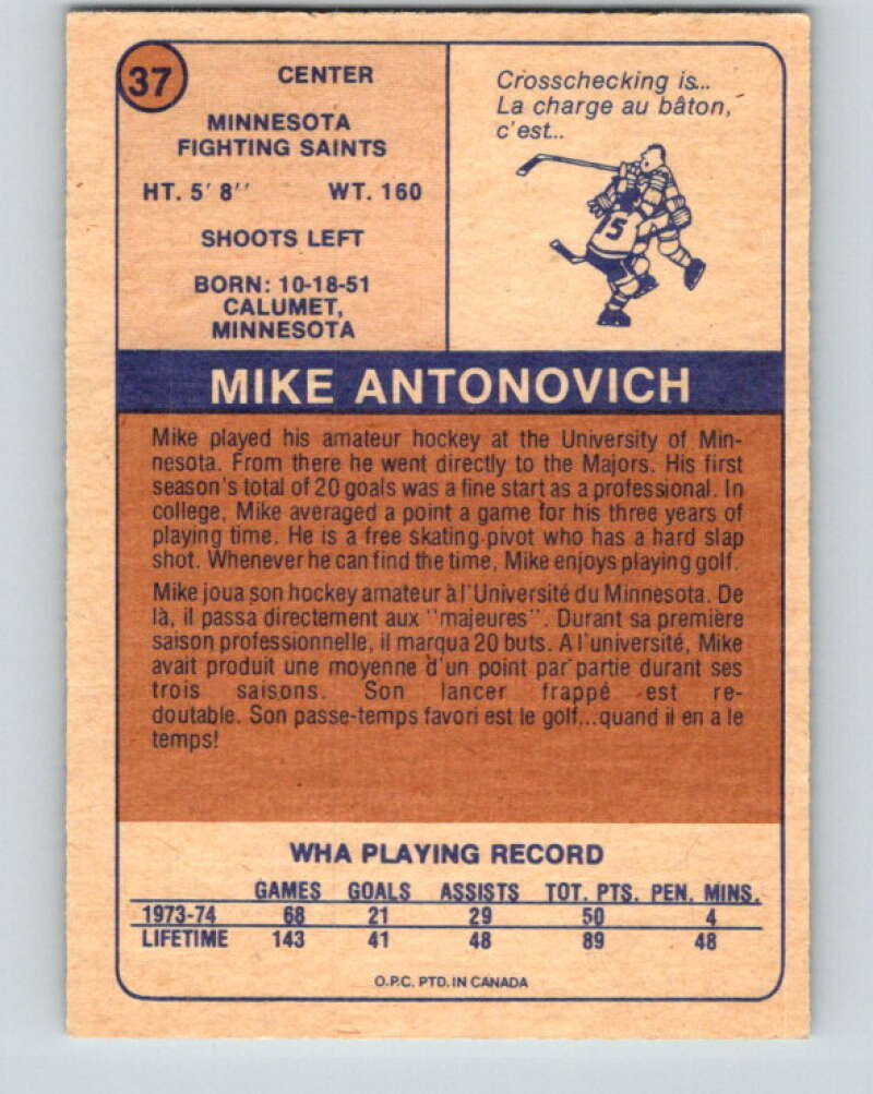 1974-75 WHA O-Pee-Chee  #37 Mike Antonovich  RC Rookie Saints  V7096