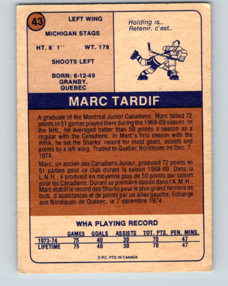 1974-75 WHA O-Pee-Chee  #43 Marc Tardif  Michigan Stags  V7106