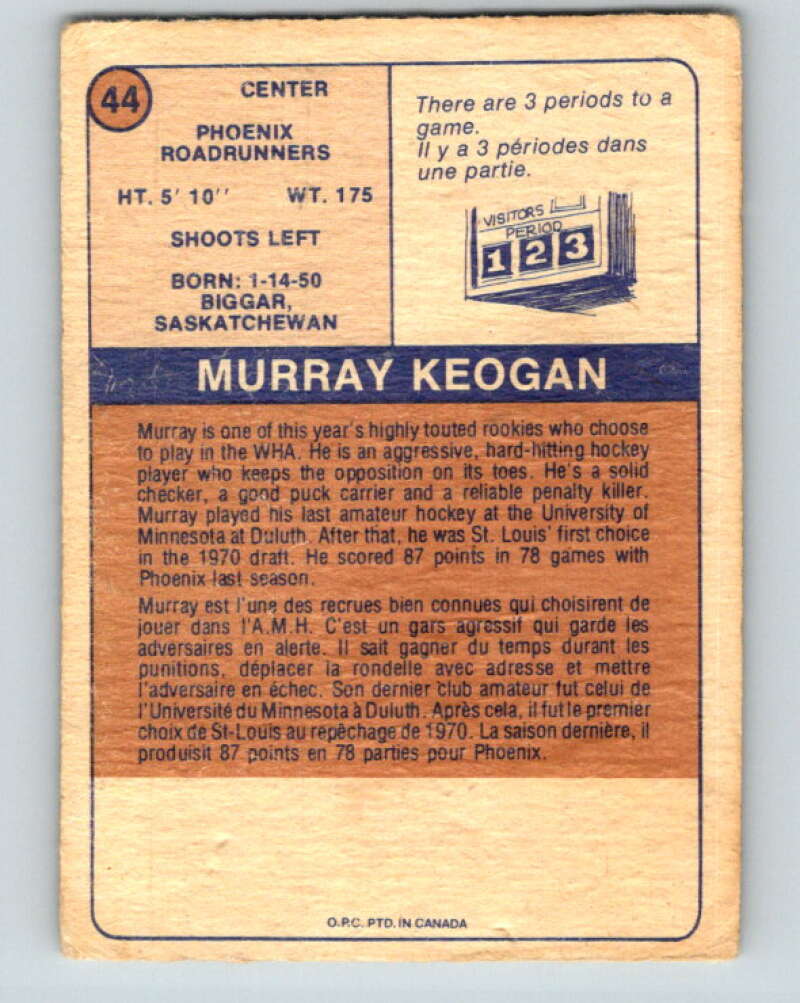 1974-75 WHA O-Pee-Chee  #44 Murray Keogan  RC Rookie Phoenix V7111