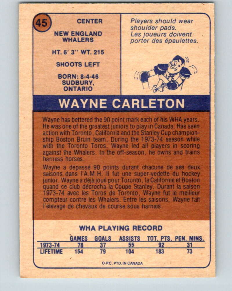 1974-75 WHA O-Pee-Chee  #45 Wayne Carleton  New England Whalers  V7112