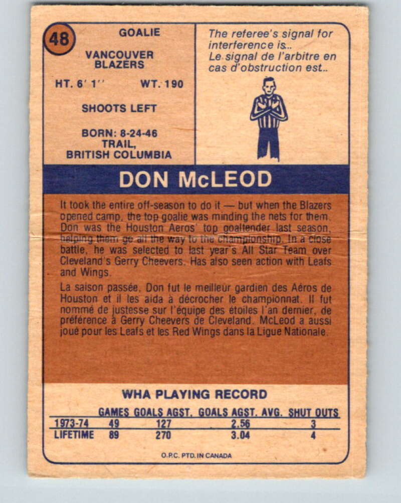 1974-75 WHA O-Pee-Chee  #48 Don McLeod  RC Rookie Vancouver Blazers  V7118