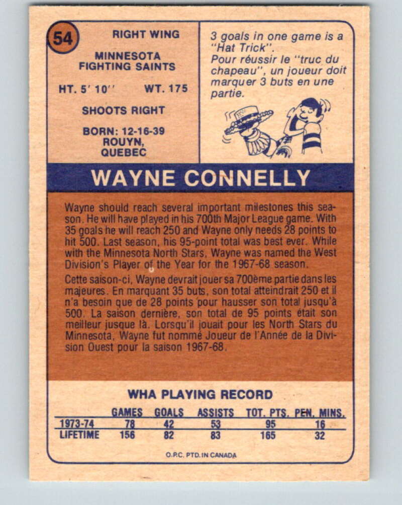 1974-75 WHA O-Pee-Chee  #54 Wayne Connelly  Minnesota Fighting Saints  V7127