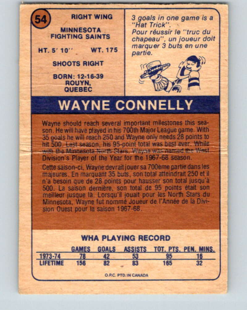 1974-75 WHA O-Pee-Chee  #54 Wayne Connelly  Minnesota Fighting Saints  V7128