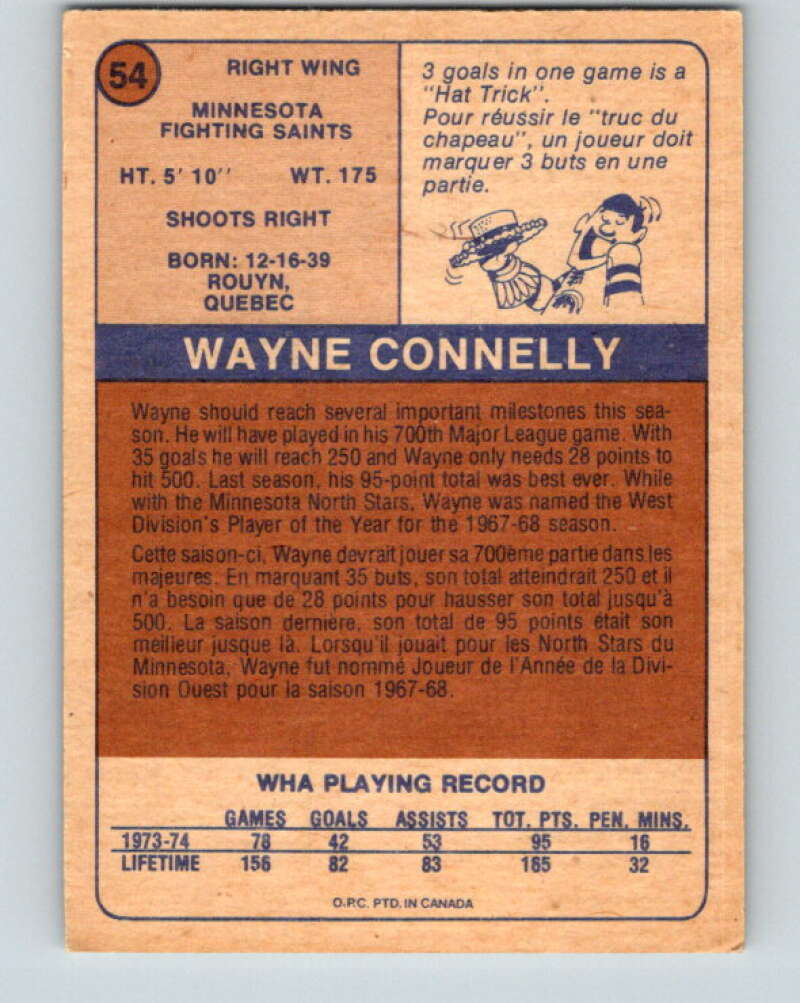1974-75 WHA O-Pee-Chee  #54 Wayne Connelly  Minnesota Fighting Saints  V7129