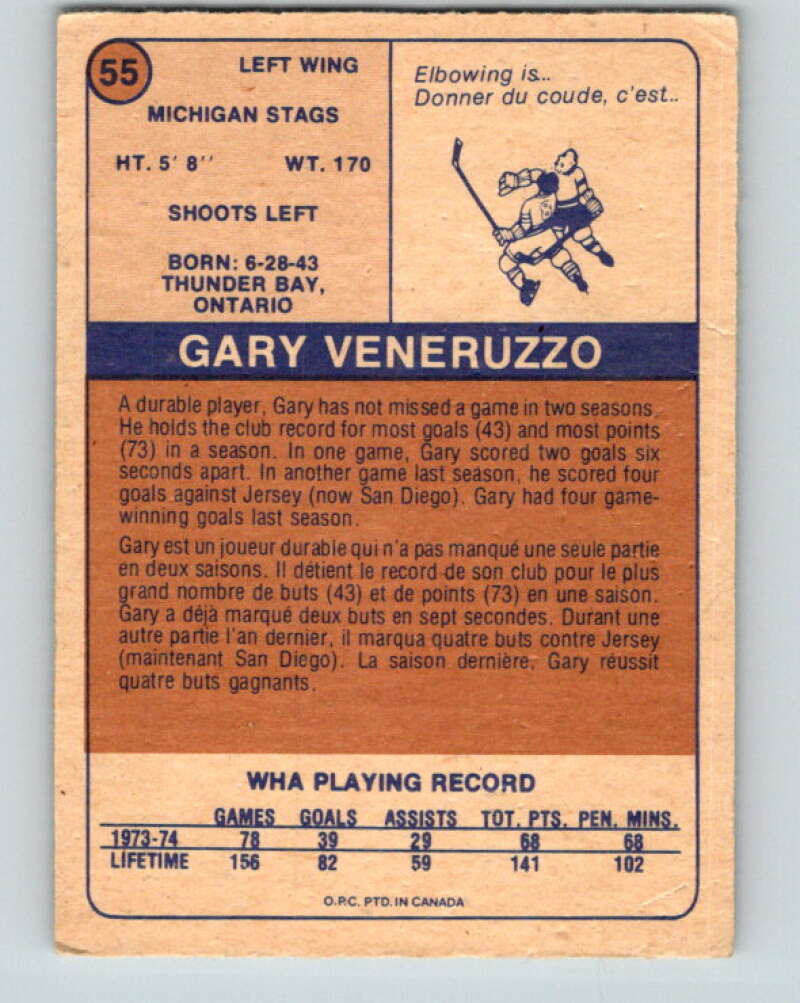 1974-75 WHA O-Pee-Chee  #55 Gary Veneruzzo  Michigan Stags  V7130