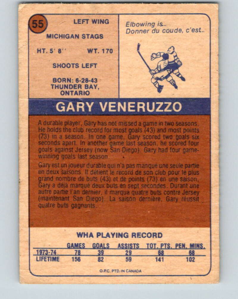 1974-75 WHA O-Pee-Chee  #55 Gary Veneruzzo  Michigan Stags  V7131