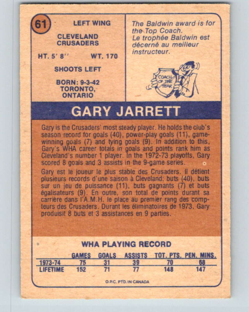 1974-75 WHA O-Pee-Chee  #61 Gary Jarrett  Cleveland Crusaders  V7142