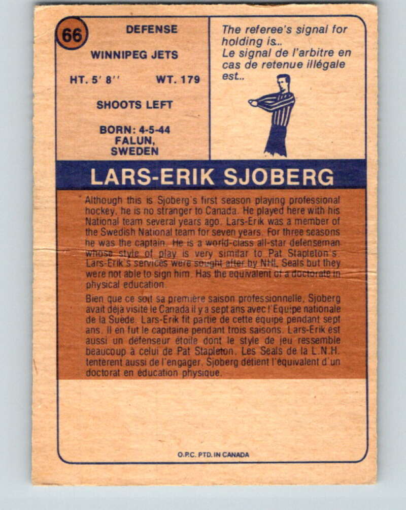1974-75 WHA O-Pee-Chee  #66 Lars-Erik Sjoberg  RC Rookie Winnipeg Jets  V7153