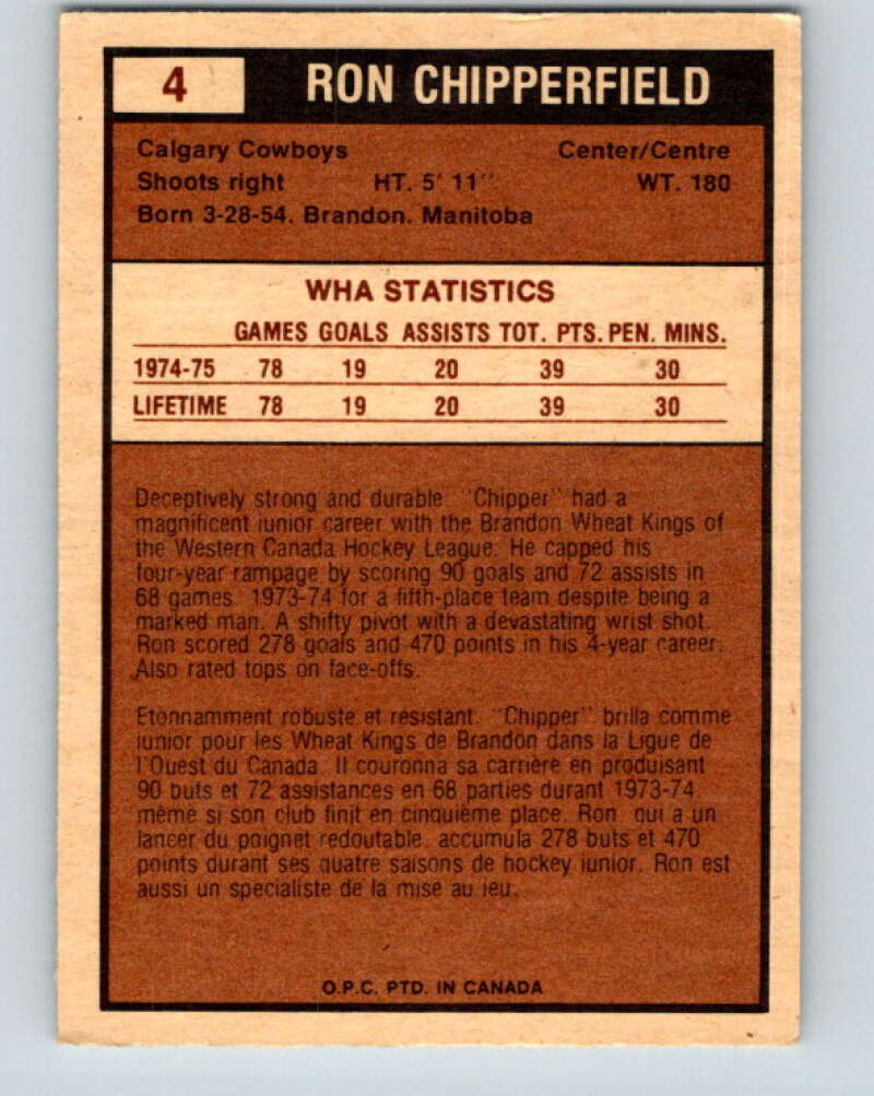 1975-76 WHA O-Pee-Chee #4 Ron Chipperfield  Calgary Cowboys  V7158