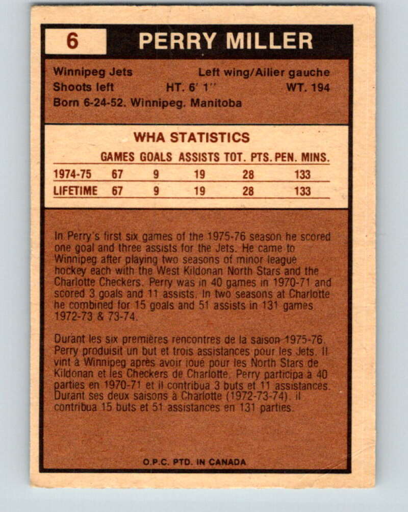 1975-76 WHA O-Pee-Chee #6 Perry Miller  RC Rookie Winnipeg Jets  V7160