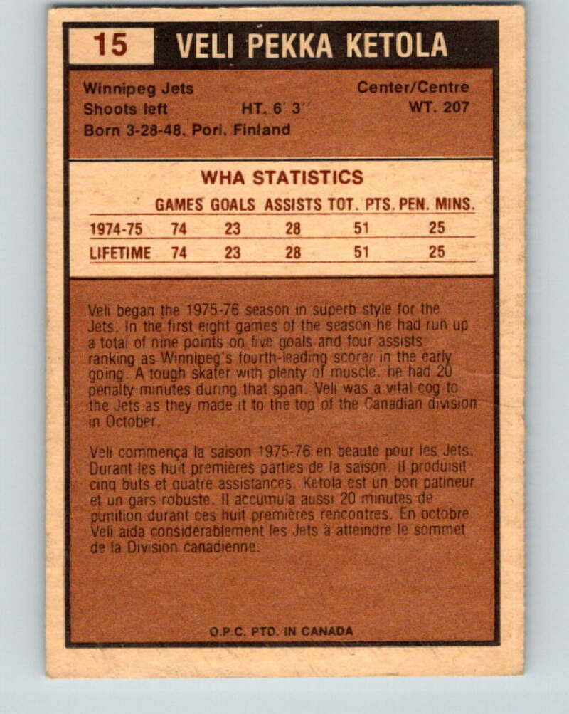 1975-76 WHA O-Pee-Chee #15 Veli-Pekka Ketola  RC Rookie Winnipeg Jets  V7178